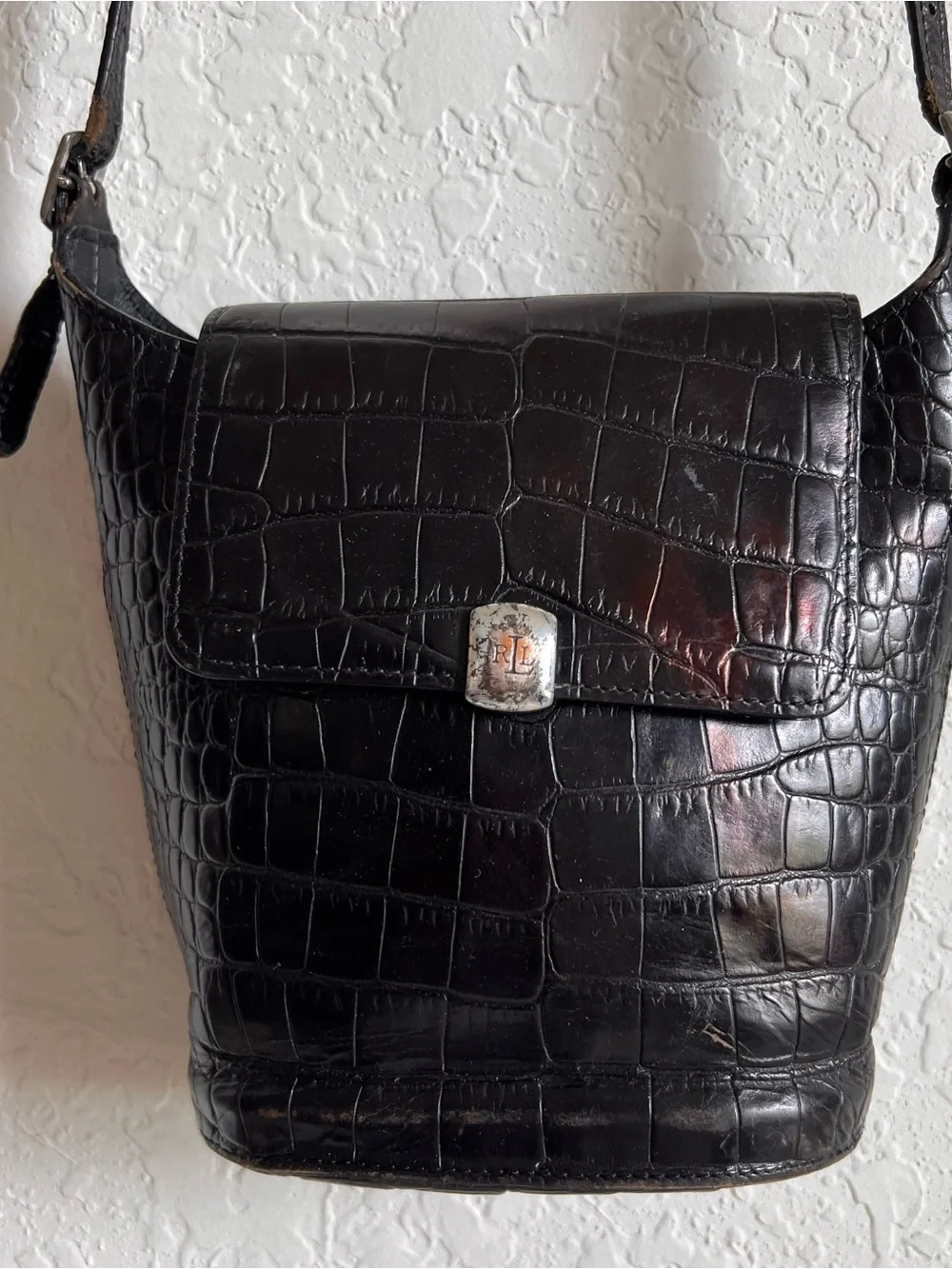 Lauren Ralph Lauren Black Croc-Embossed Leather Shoulder Crossbody Bag